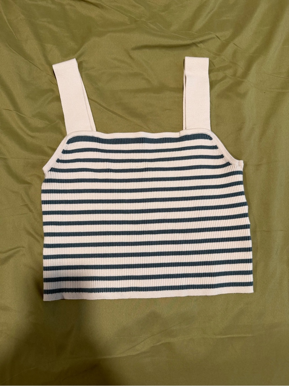 Striped Ribbed Square-Neck Crop Tank in Cream and Green